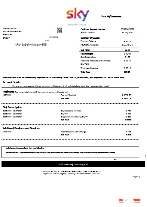 United Kingdom Sky business utility bill statement template in Word and PDF formats